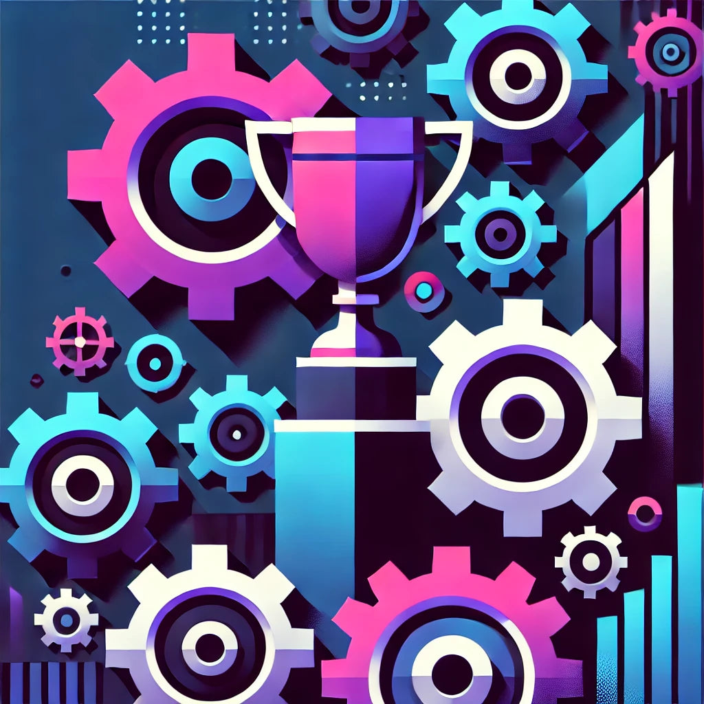A flat illustration with sharp geometric cogs and wheels in the background.