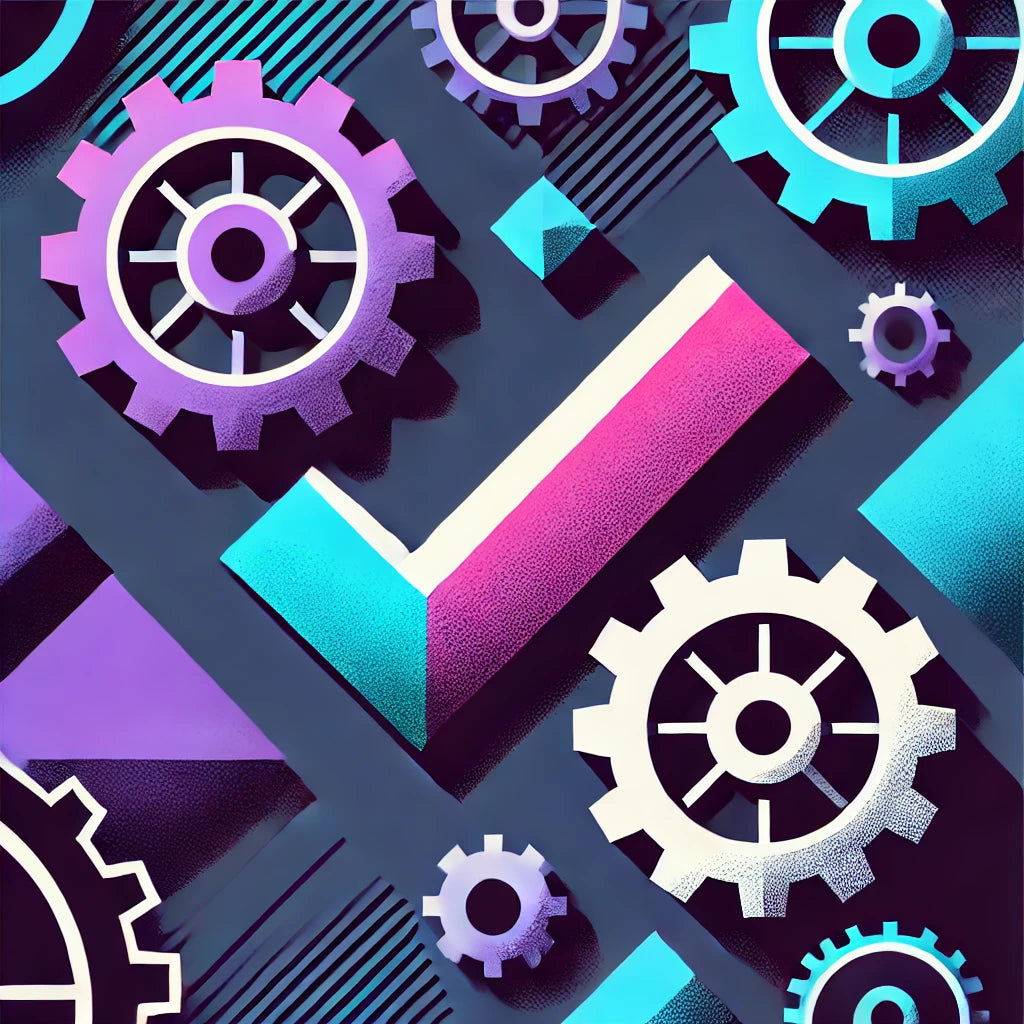 A flat illustration with sharp geometric cogs and wheels in the background.